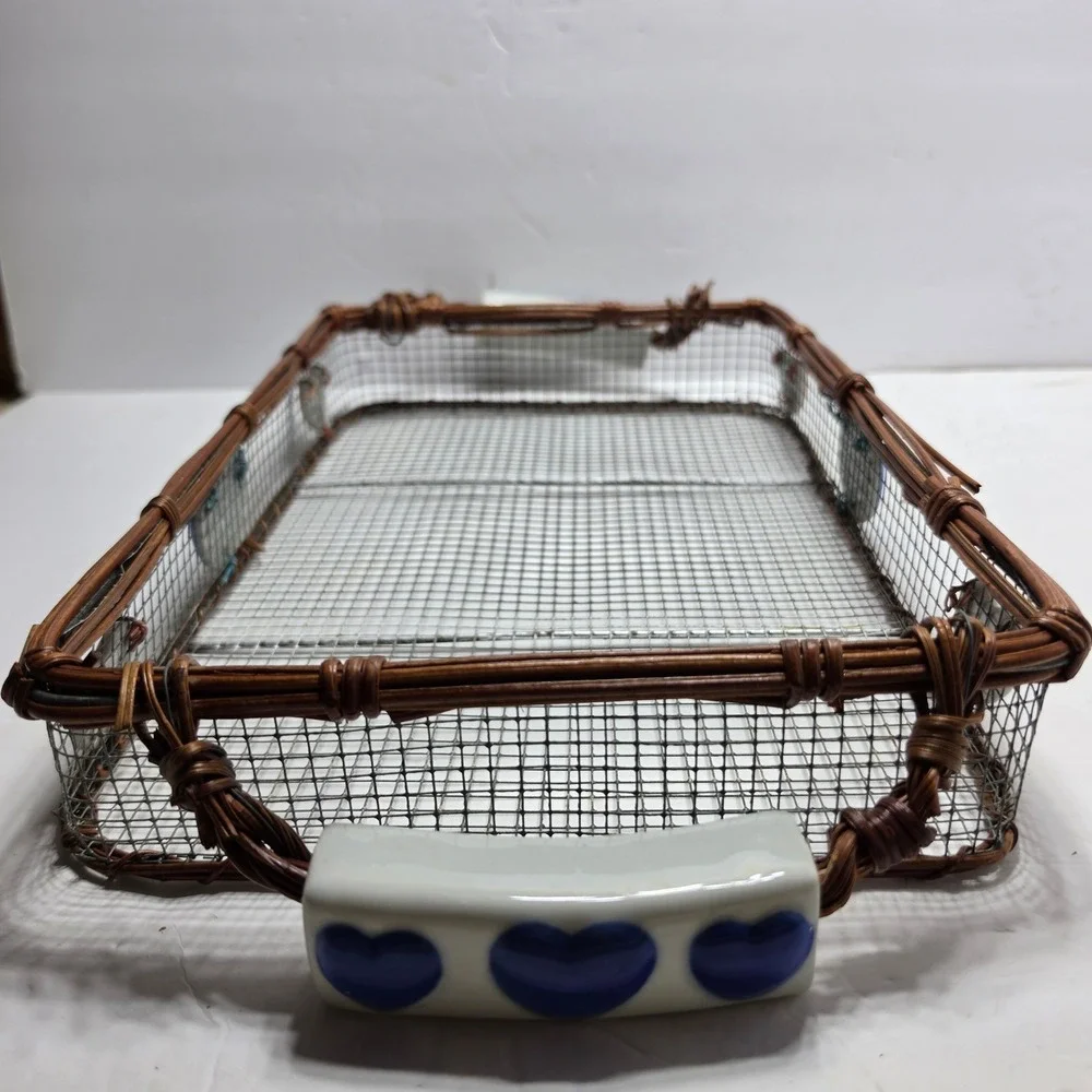 Vintage Rustic Wire Mesh Basket Tray Wicker Rim Ceramic Heart Handles Farmhouse